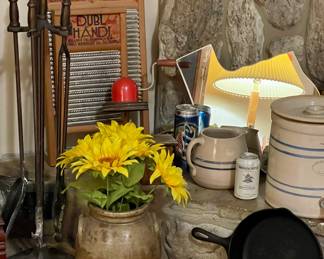 FIREPLACE TOOLS, OLD CROCK, WASH BOARDS, TEXAS MIRROR