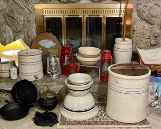 CAST IRON, CROCK BOWLS, PITCHER, BUTTER CHURN, AND MORE, LANTERNS, STAGECOACH