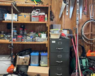 FILE CABINET, WEED EATER, YARD IMPLEMENTS, SAWS