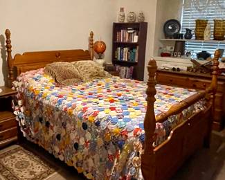 FULL SIZE WOOD HEAD/FOOT BOARD, FULL MATTRESS, HANDMADE QUILT