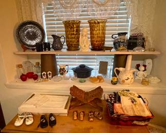 BLOWN GLASS VASES, BABY SHOES, BIBLE STAND, SCARVES