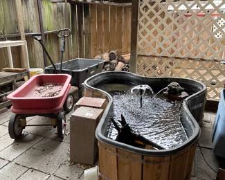 ABOVE GROUND POND WITH FOUNTAIN, WAGONS