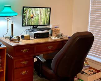 DESK, DESK CHAIR, COMPUTER MONITOR, VINTAGE DESK LAMP