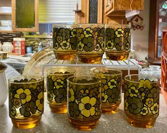 MCM LIBBEY FLOWER POWER AMBER BARWARE