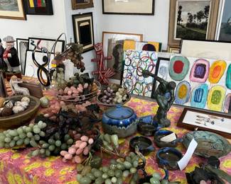 variety of stone fruits, ceramics, small sculptures, shearwater pottery