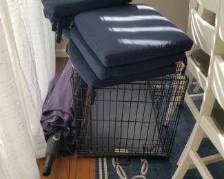 Dog crate; navy & white area rug