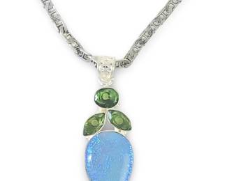 Sterling Silver Peridot Art Glass Pendant Necklace
