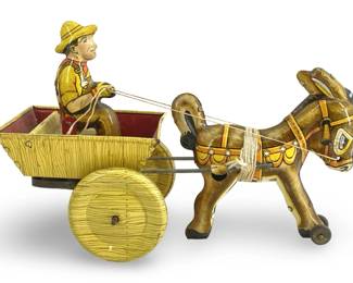 Vintage Marx Wind-Up Tin Balky Mule with Cart Toy
