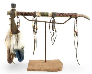 Vintage Native American Peace Pipe Axe on Stand
