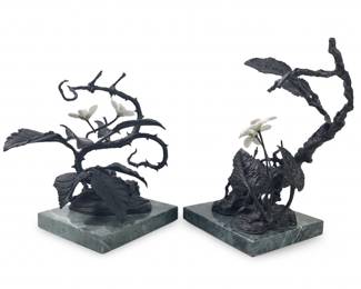 (2) Brutalist Style Mixed Metal Marble Base Flower
