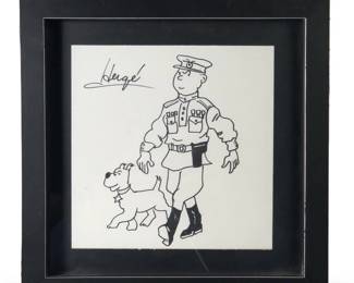 Signed Herge Tin Tin Ink Illustration Drawing
