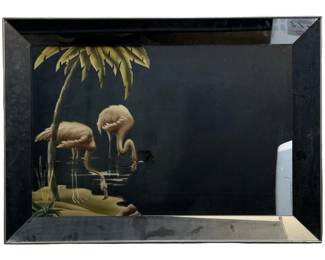 Mid Century Flamingo Lithograph in Mirrored Frame

