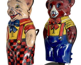Vintage J. Chein Tin Wind-Up Pig & Bear Toys

