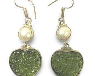 Sterling Silver Moldavite Dangle Pearl Earrings
