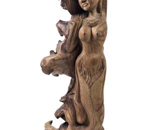 Hand Carved Parasite Wood Nude Mermaid Sculpture
