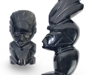 (2) Carved Black Onyx Obsidian Aztec Figures
