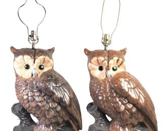 Pair Large MCM Ceramic Owl Lamps
