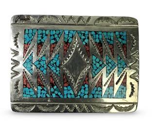 Turquoise Coral Inlay Native American Buckle
