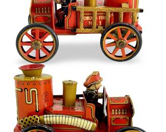 2pc Vintage Linemar Tin Friction Fire Engines
