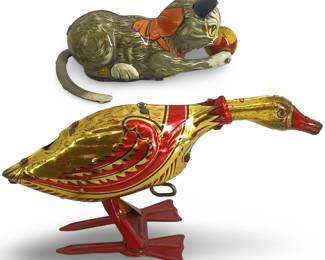 Vintage Louis Marx Tin Wind-Up Cat and Duck
