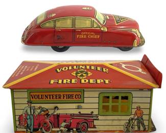 Marx Toys Tin Volunteer Fire Department & Car
