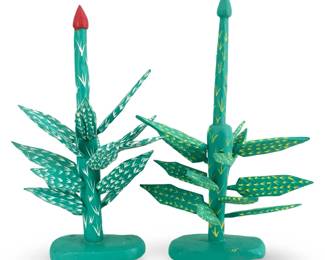2pc Hand Carved/Painted Mexican Cactus Folk Art
