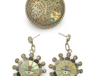 (3pc) Silver Zuni Inlay Earrings Tibetan Pendant
