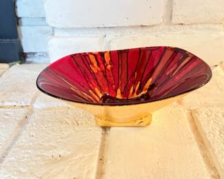 16 VintagePier1RedDripGoldFoilGlassPedestalBowl