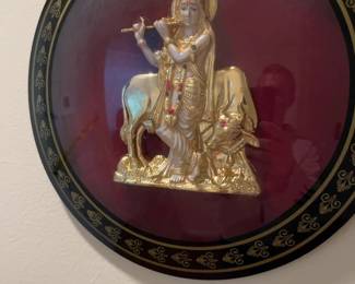 Gold-Plated Lord Krishna & Cow Circular Wall Relief Art