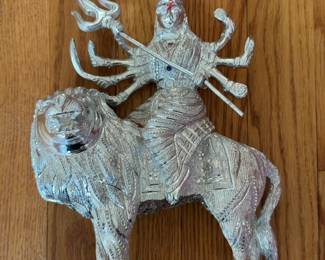 Silver-Toned Goddess Durga Riding Lion Statue