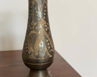 Vintage Etched Brass Flower Vase with Floral Motifs - 10” Tall