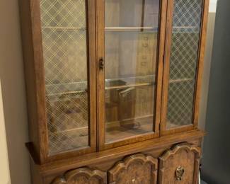 Traditional Wood China Cabinet Hutch with Gold Wire Mesh Detail