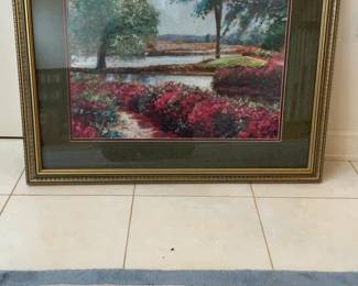 Framed Landscape Print with Gold Tone Frame and Floral Scenery