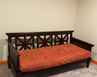 Dark Wood Frame Daybed with Rust & Blue Cushions
