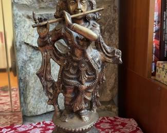 Vintage Heavy Brass Krishna Statue Playing Flute - 21” Tall