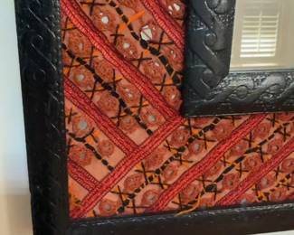 Decorative Embroidered Wall Mirror with Black Faux Leather Frame