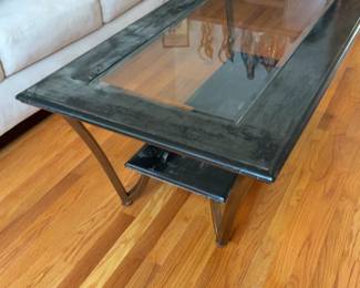 Rustic Dark Wood & Glass Top Coffee Table - L50”xW28”
