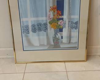 Framed Floral Window Scene Print with Gold Tone Metal Frame
