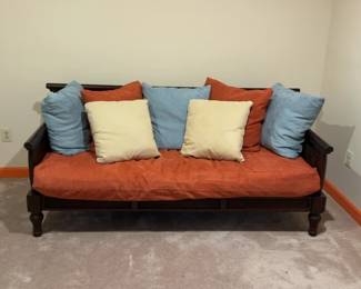Dark Wood Frame Daybed with Rust & Blue Cushions