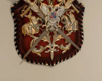 Decorative Medieval Style Shield Plaque with Crossed Swords and Crest