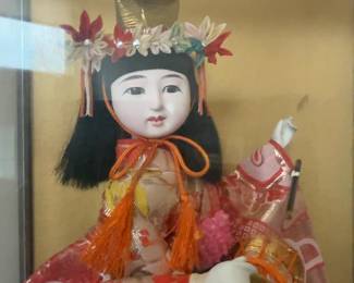 Traditional Japanese Geisha Doll in Kimono with Gold Headdress - 14 1/2” Tall