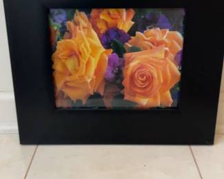 Framed Orange Roses and Purple Pansies