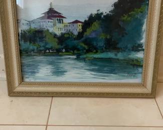 Framed Watercolor Landscape Painting of Pagoda by Lake