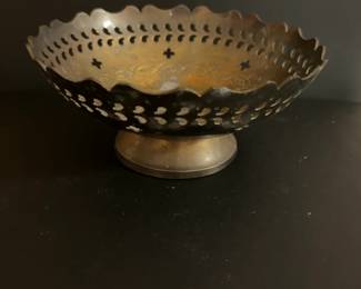 Vintage Pierced Brass Pedestal Bowl with Scalloped Rim
