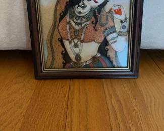 Framed Gem Stone Indian Painting of Woman Adorning Herself