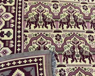 Woven Purple and Cream Geometric Patterned Blanket Cover with Fringe