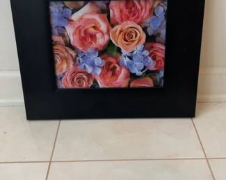 Framed Floral Wall Art Print with Pink Roses and Hydrangeas - Black Wide Frame