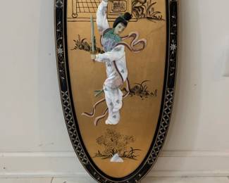 Asian Oval Decorative Wall Panel with Mother of Pearl Warrior Figure