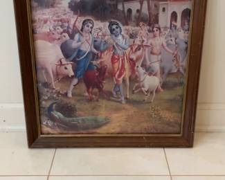 Framed Hindu Religious Print of Krishna and Balarama with Cows