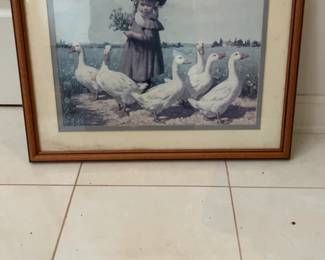 Framed Print of Young Girl with Geese in Pastoral Setting